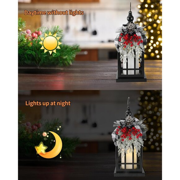 New Metal Black Christmas Lantern with Flameless Candle, Rustic Holiday Decor - Picture 4 of 7